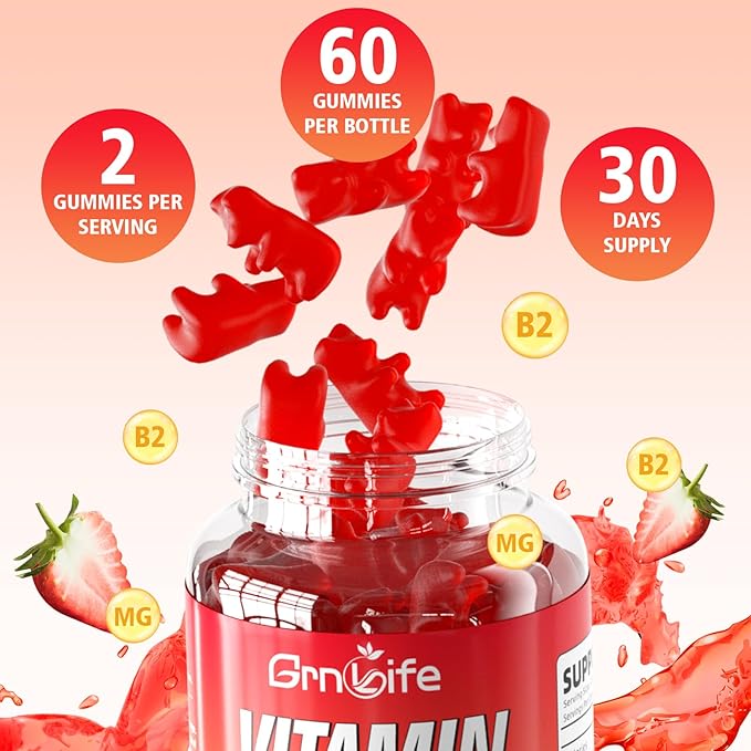 Vitamin B2 Gummies, Riboflavin 400mg with Magnesium for Kids & Adults, B2 Gummies for Migraine Relief & Energy Support, Strawberry Flavor, 60 Count
