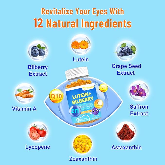 20mg Lutein & Zeaxanthin Gummies with Bilberry, Astaxanthin, Omega 3, Vitamin C, E - Sugar Free Eye Health Supplement for Adults & Kids - Dry Eye Relief, Vision Clarity, Macular Support