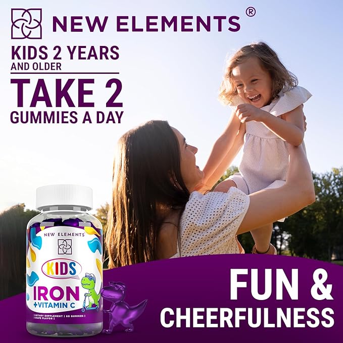New Elements Iron Dinosaur Gummies for Kids with Vitamin C | Sugar-Free, Vegan, Gluten-Free & Non-GMO | Anemia Relief, Energy & Blood Health Support | Grape Flavor, Pectin-Based for Optimal Health