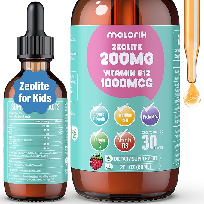 Zeolite Drops for Kids and Adults, 200mg Zeolite Liquid Drops with 1000mcg Vitamin B12, Organic Chlorella, 10 Billion CFU & Prebiotics for Gut Support & Speech, Immune, Bone, Energy*, Berry, 60ML