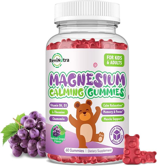 Magnesium Gummies for Kids - Magnesium Glycinate Gummies Supplement with L-Theanine, Vitamin B6, D3 for Kids & Adults - Support Calm, Sleep, Relaxation, Brain, Bones, Sugar Free Grape 60ct