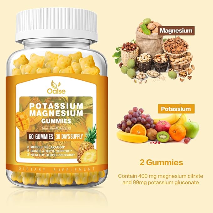 Potassium Magnesium Gummies for Adults Kids, High Absorption Potassium Citrate 99mg Magnesium Citrate 400mg, Chewable Gummy Supplements, Mango Pineapple, 60 Count