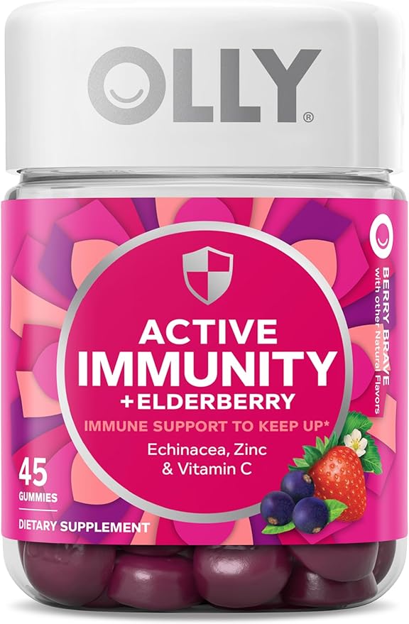 OLLY Kids Immunity Gummy, Immune Support, Wellmune, Elderberry, Vitamin C, Zinc, Chewable Supplement, Cherry - 50 Count & Gummy Active Immunity+Elderberry, 45 Gummies (1 Pack), Berry Flavor