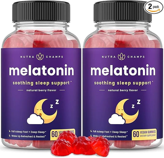 NutraChamps Melatonin Gummies for Kids & Adults, Natural Sleep Aid Drug-Free, Vegan Berry Flavor, 120 Sleep Gummies, 2.5mg, 5mg or 10mg Dose, Sleeping Pills Substitute (Pack of 2)