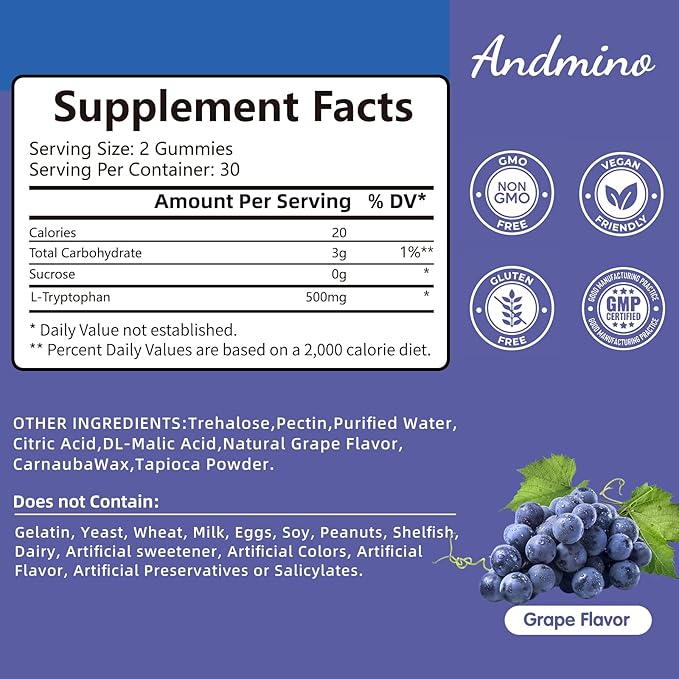 L Tryptophan Gummies 500mg, with Trehalose, for Natural Relaxation & Serotonin Support, for Adults & Kids, Non-GMO, Vegan, Gluten Free, Grape Flavor, 60