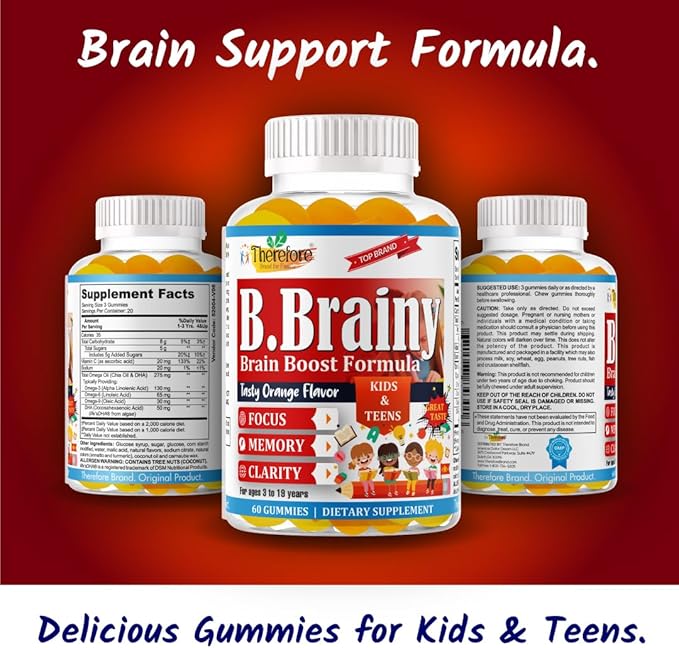 B.Brainy Brain Focus Gummies for Kids & Teens, Attentive Child Supplement, Brain Focus Vitamins for Kids & Teens, Vegan Omega 3 EPA/DHA, Support Memory, Clarity, Concentration, Low Sugar 60 Gummies