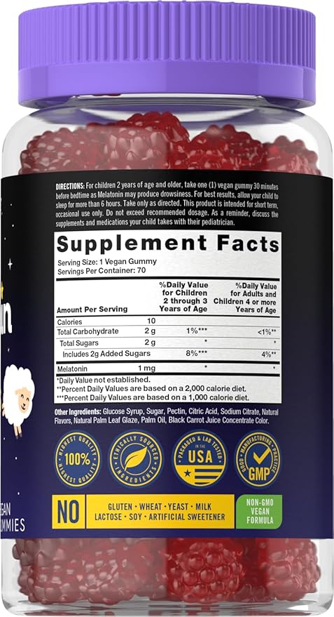 Carlyle Kids Melatonin Gummies | 1 mg 70 Count | Fruit Flavor Gummy | Vegan, Non-GMO, Gluten Free