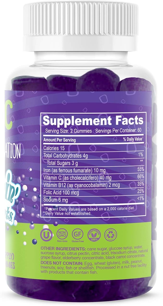 Iron with Vitamin C & B12 Gummies (120 Count) Vital for Red Blood Cell Formation | Gum Drop Grape Real Pectin Fruit Chew Supplements | Vegan, Non-GMO, Gluten Free & Gelatin Free
