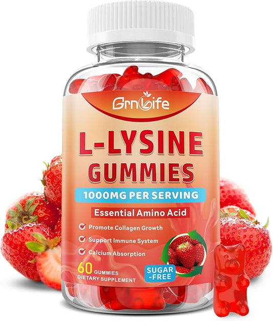 L-Lysine 1000mg Gummies, Chewable Lysine Supplement for Adults & Kids, Essential Amino Acid Supplement for Immune Support, Collagen Formation Support, Strawberry, 60 Count