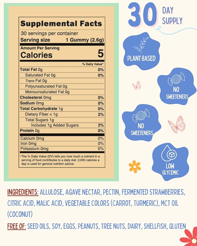 Organic Prebiotic & Postbiotic Gummy Vitamin for Kids and Adults, Allulose, Sugar Free, Fermented Strawberry, Support Gut Health, Dye Free