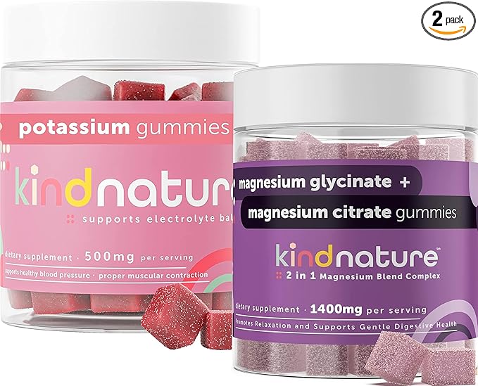 Kind Nature Potassium & Magnesium Gummies for Adults & Kids - Potassium Supplement 500mg & 1000mg Magnesium Citrate & 400mg Magnesium Glycinate Chewable Gummies