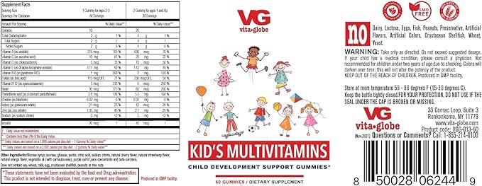 VitaGlobe Kids Complete Multivitamin Gummy - Vitamins A, C, E, D10, B6, B12, 60 Count (Pack of 1)