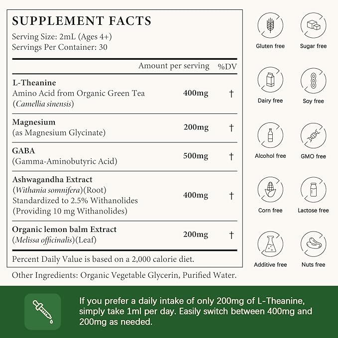 Oasisforce L Theanine 400mg Liquid Drops, L-Theanine Supplement for Adults & Kids with GABA, Magnesium & Ashwagandha, Natural Sleep, Focus & Relaxation Support, Vegan, Alcohol-Free, Non-GMO, 2 FL OZ