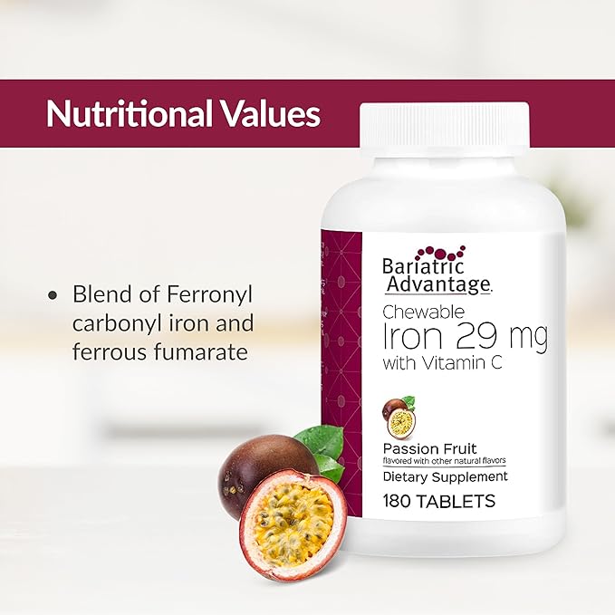 Bariatric Advantage Chewable Iron 29 mg - for Bariatric Surgery Patients - Iron with Vitamin C - No Iron Taste - Ferrous Fumarate & Carbonyl Iron Supplement - Passion Fruit - 180 Count