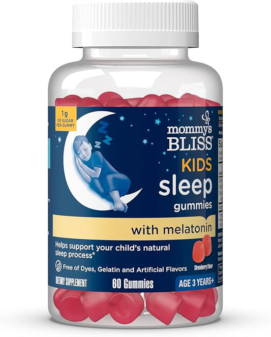 Mommy's Bliss Kids Sleep Melatonin Gummies, Free of Artificial Colors, Flavors, or Gelatin, Strawberry Flavor, Age 3+ (60 Gummies)