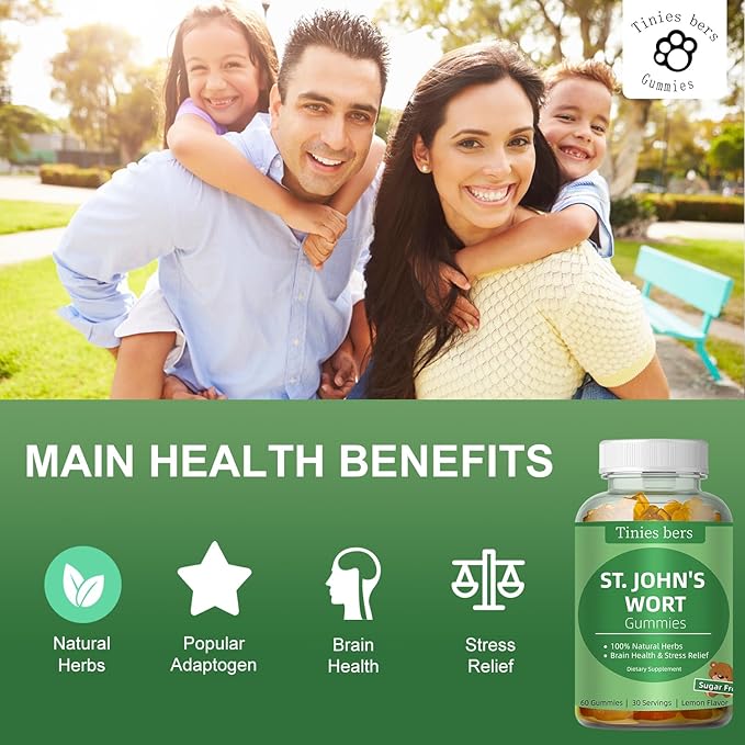 St John's Wort Gummies 500mg, Sugar Free Gummies for Adults Kids, Best Herbs Gummies for Brain and Stress Relief, Non-GMO, Gulten Free, Vegan, Pectin, 60