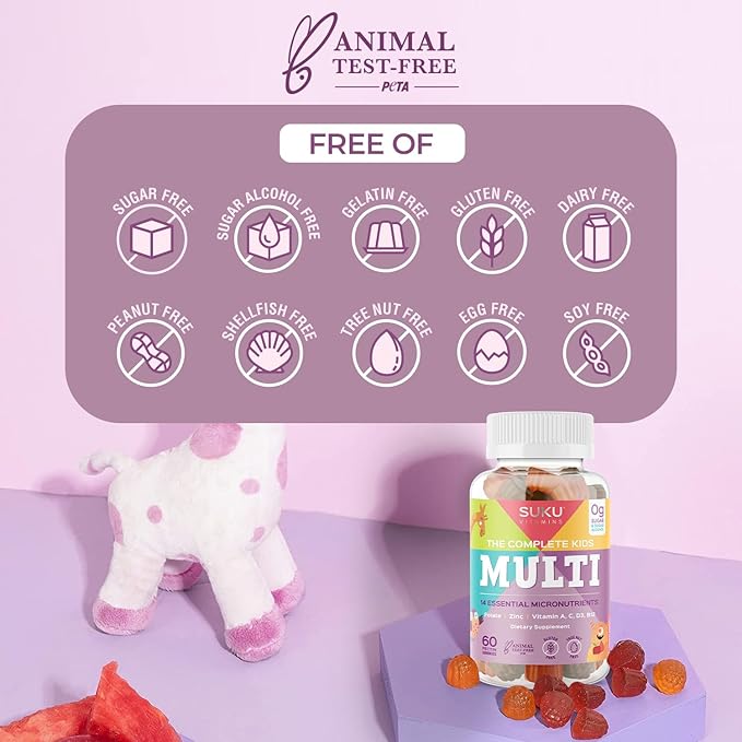 SUKU The Complete Kids Multivitamin Gummies – Vitamins A, C, D, E, B6, B12, Folate & Zinc – Immune Support, Sugar-Free, Gluten-Free, Non-GMO, Tropical Bonanza Flavor – 60 Count