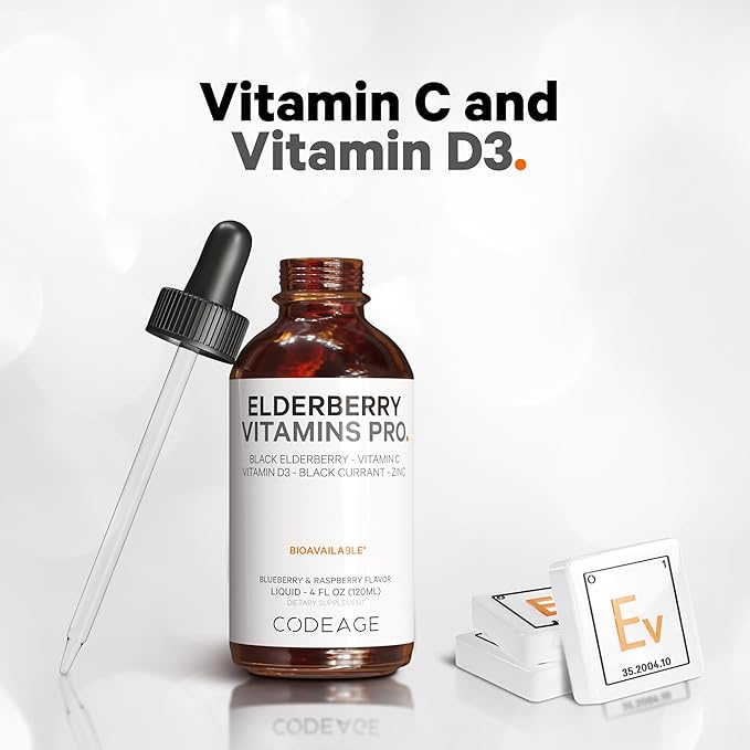 Codeage Elderberry Vitamins Pro - Organic Black Elderberry Liquid Drops - Vitamin C, D3, Zinc, Black Currant - 2-Month Supply - Black Sambucus Liquid - Supplement for Adults & Kids - 4 fl oz