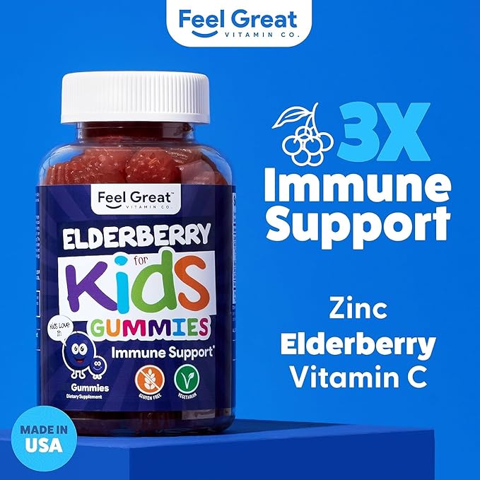 USDA Organic Elderberry Gummies for Kids | Immune Support Elderberry with Zinc and Vitamin C - Gluten Free & Vegan Children's Vitamins - 60 Count | Sambucus Nigra Supplement