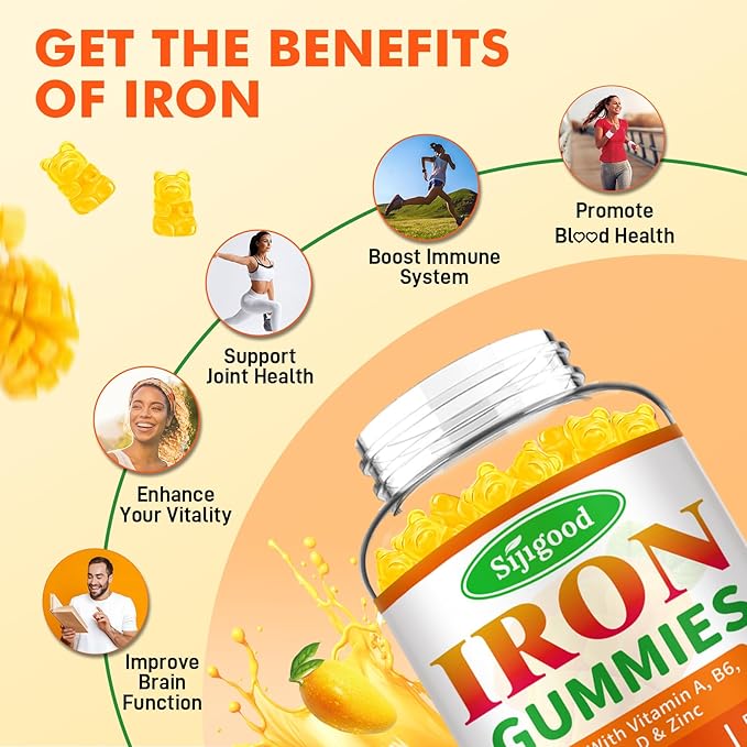 Iron Gummies for Women & Men - Vegan Iron Supplement for Anemia & Iron Deficiency, with Vitamin B12, Vitamin C, Zinc, Folate - Energy Boost, Sugar-Free, Mango Flavor, 60 Count