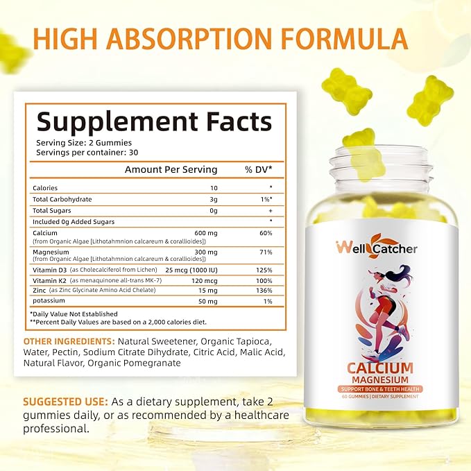 Calcium Magnesium Gummies Adults Kids - Sugar Free Chewable Vegan Algae Calcium Supplements for Women Men Support Plus Bone Strength with Zinc Potassium Vitamin D3 K2 Lemon Flavor 60CT