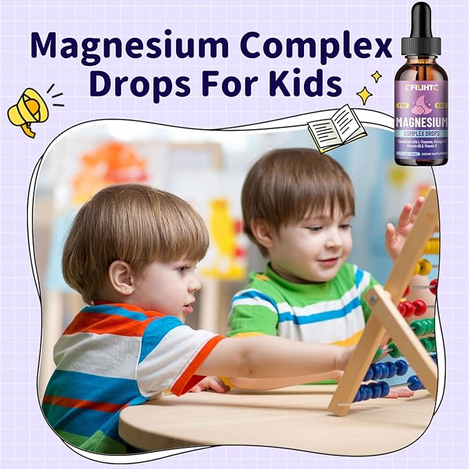 Kids Magnesium Liquid Drops-Magnesium Glycinate Liquid for Kids, L-Threonate Supplement-w/L-theanine, Omega-3, Vitamin B6, D3 - for Sleep, Relaxation, Brain, Bones - 2 Fl Oz Children's Magnesium Calm