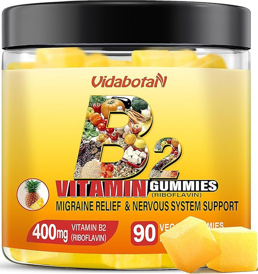 Vitamin B2 Gummies- Riboflavin 400mg with Magnesium & CoQ10 for Kids & Adults, Migraine Relief & Headache Relief - Pineapple Flavor, 90 Chewable Gummies