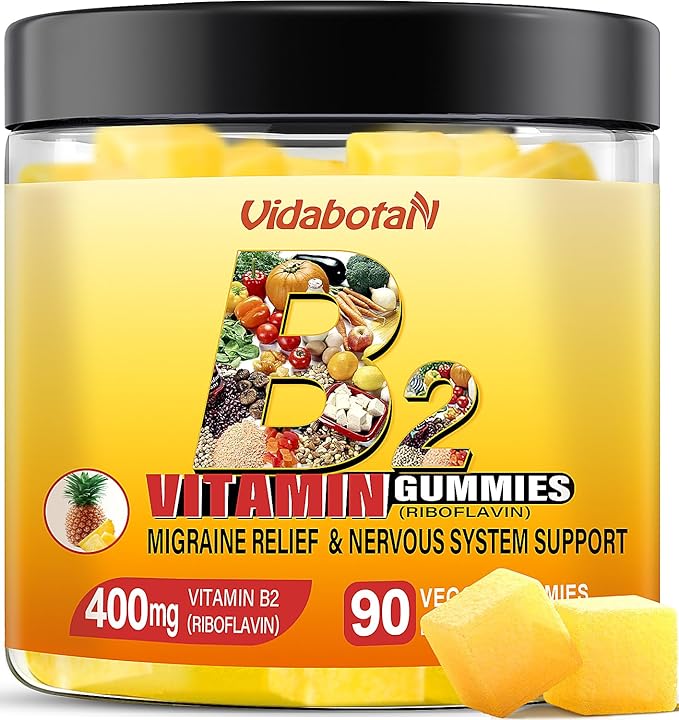 Vitamin B2 Gummies- Riboflavin 400mg with Magnesium & CoQ10 for Kids & Adults, Migraine Relief & Headache Relief - Pineapple Flavor, 90 Chewable Gummies
