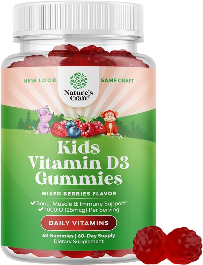 Chewable Vitamin D Gummies for Kids - Delicious Vitamin D 1000 IU Per Serving - Toddlers Immune Support Gummies - Berries Flavored Supplement for Bones Health & Muscles - Gelatin Free - 60 Chews