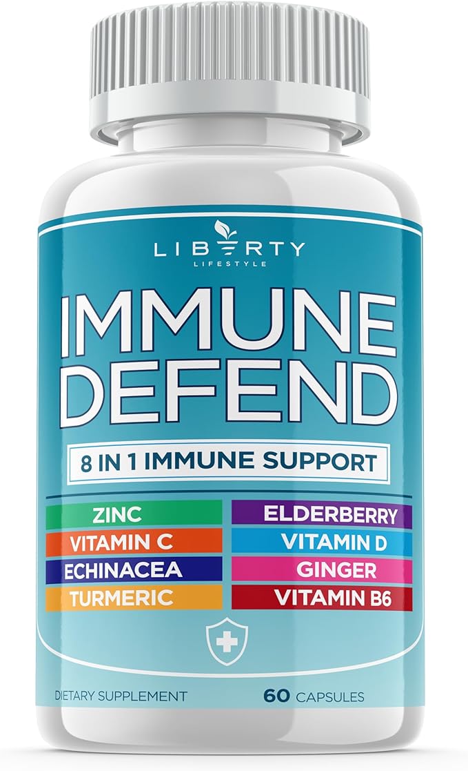 8 in 1 Immune Defense Support, Immunity Capsules Supplement with Echinacea Zinc 50mg, Vitamin C, D3 5000 IU, Turmeric Curcumin & Ginger, Echinacea - for Kids Adults (1 Pack)