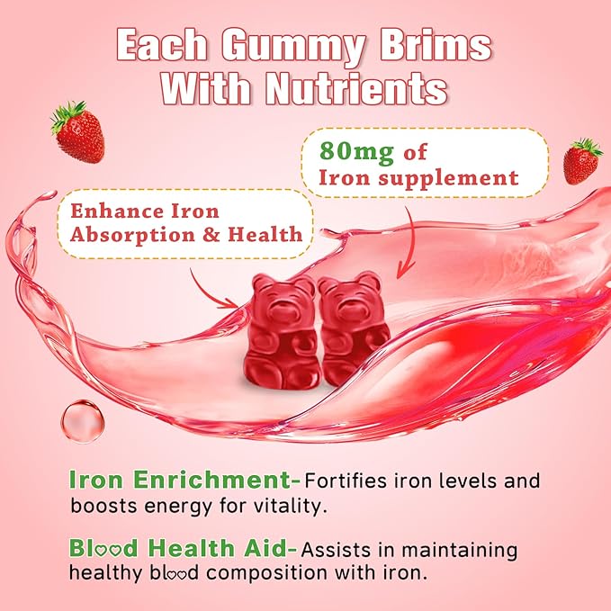 Iron Gummies for Women & Men - Vegan Iron Supplement for Anemia & Iron Deficiency, with Vitamin B12, Vitamin C, Zinc, Folate - Energy Boost, Sugar-Free, Strawberry Flavor, 60 Count