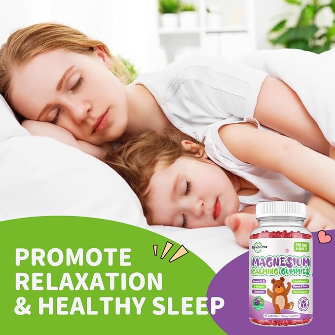 Magnesium Gummies for Kids - Magnesium Glycinate Gummies Supplement with L-Theanine, Vitamin B6, D3 for Kids & Adults - Support Calm, Sleep, Relaxation, Brain, Bones, Sugar Free Grape 60ct