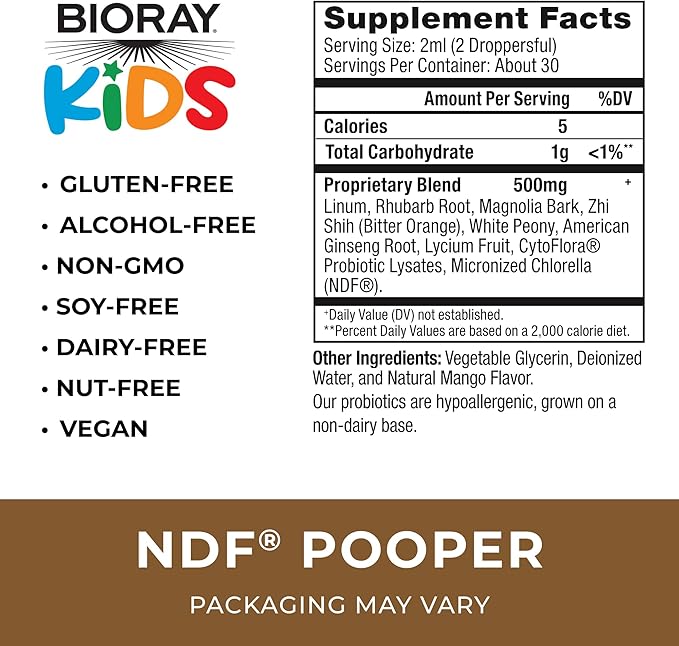 BIORAY Kids NDF Pooper, Mango - 2 fl oz - Bowel Mover - Non-GMO, Vegan, Gluten Free - 30 Servings