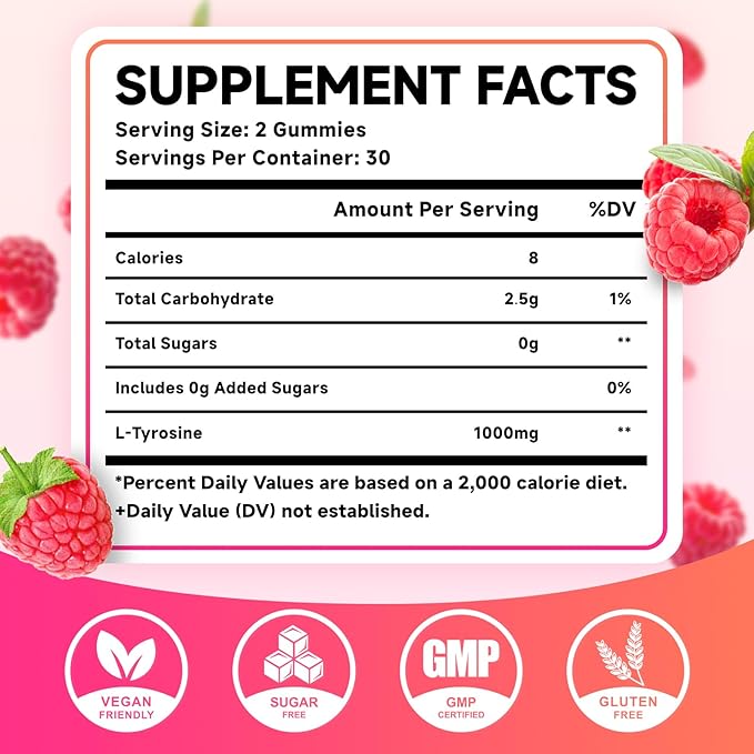 L-Tyrosine Gummies, 1000mg L-Tyrosine Supplement for Kids & Adults, Focus Gummies, Energy & Memory Support, Non-GMO, Sugar-Free, Raspberry Flavor, 60 Count