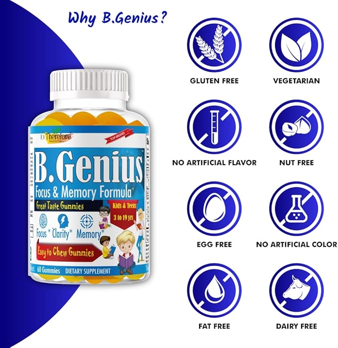 B.Genius Brain Booster Supplement & Memory Support Vitamins for Kids & Teens, Support Brain Focus, Memory, Learning, Accuracy with Omega 3, EPA/DHA Tasty 60 Chewable Gummies