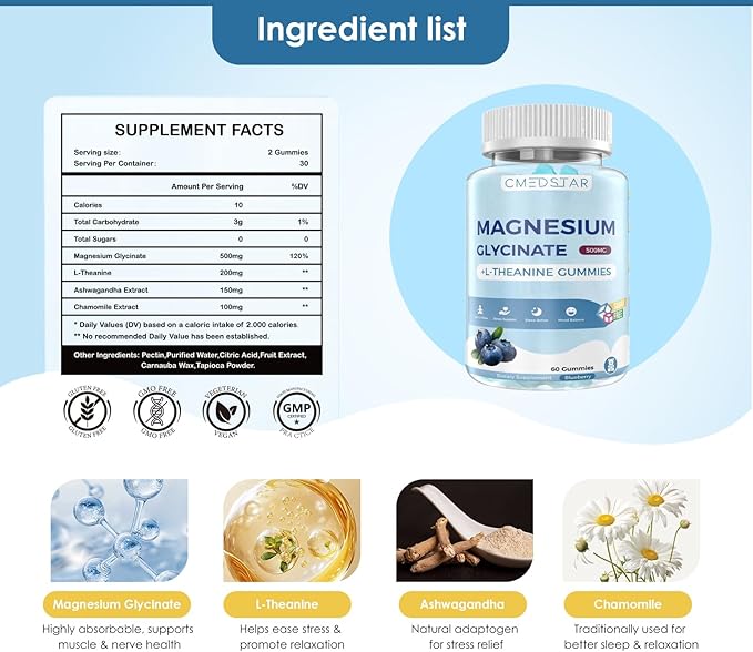 Magnesium Glycinate Gummies with L-Theanine, Ashwagandha & Chamomile Extract, Calm, Sleep, Stress Relief for Adults & Kids, Sugar-Free, Vegan, Blueberry Flavor, 60 Count