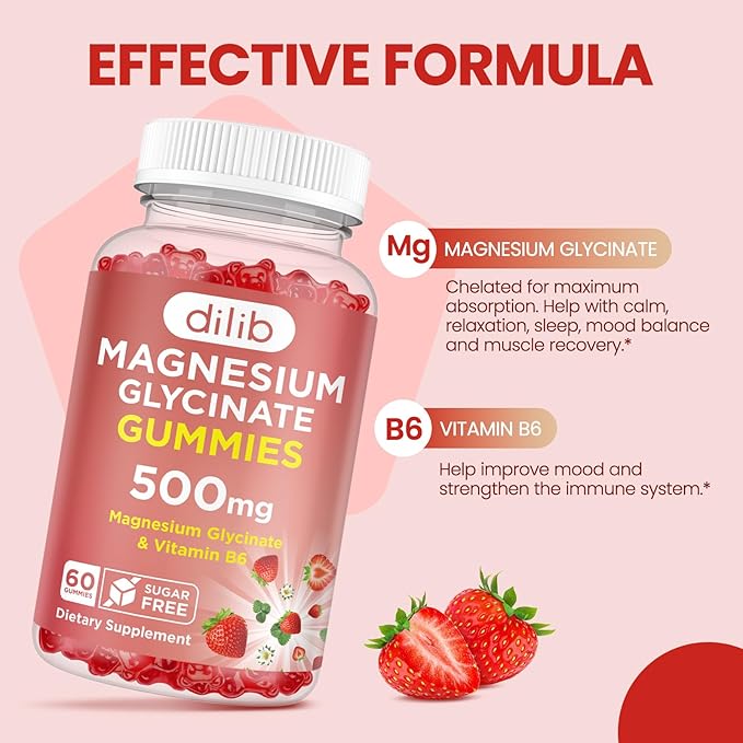 Magnesium Glycinate Gummies 500mg - Magnesium Supplement with Vitamin B6 for Adults & Magnesium for Kids - Calm Magnesium for Sleep, Mood, Muscle Support - Strawberry Flavor, 60 Gummies