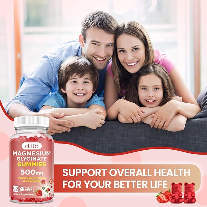 Magnesium Glycinate Gummies 500mg - Magnesium Supplement with Vitamin B6 for Adults & Magnesium for Kids - Calm Magnesium for Sleep, Mood, Muscle Support - Strawberry Flavor, 60 Gummies