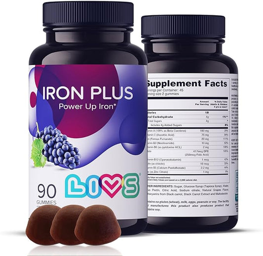 Iron Gummies with Vitamin C for Women, Men & Kids | Chewable Supplement as Gummy with Vitamin B12, B3,B5,B6, Folate & Zinc | Energy Support, Non GMO & Gluten Free | 20mg Iron/Dose -90 Count
