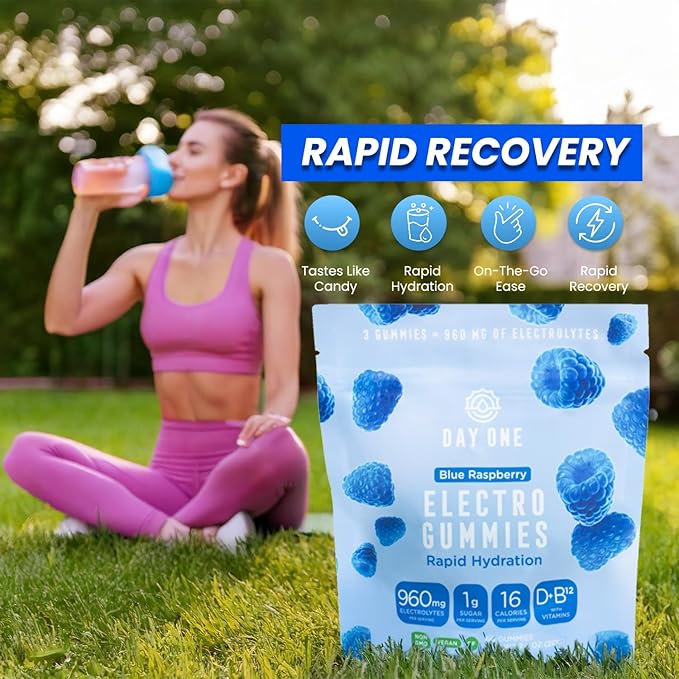 Day One ElectroGummies – Electrolyte Hydration Gummies – Ideal to Boost Hydration & Energy – Supplement for Post & Pre Workout – for Men, Women, Kids – Blue Raspberry Flavored – 60 Gummies
