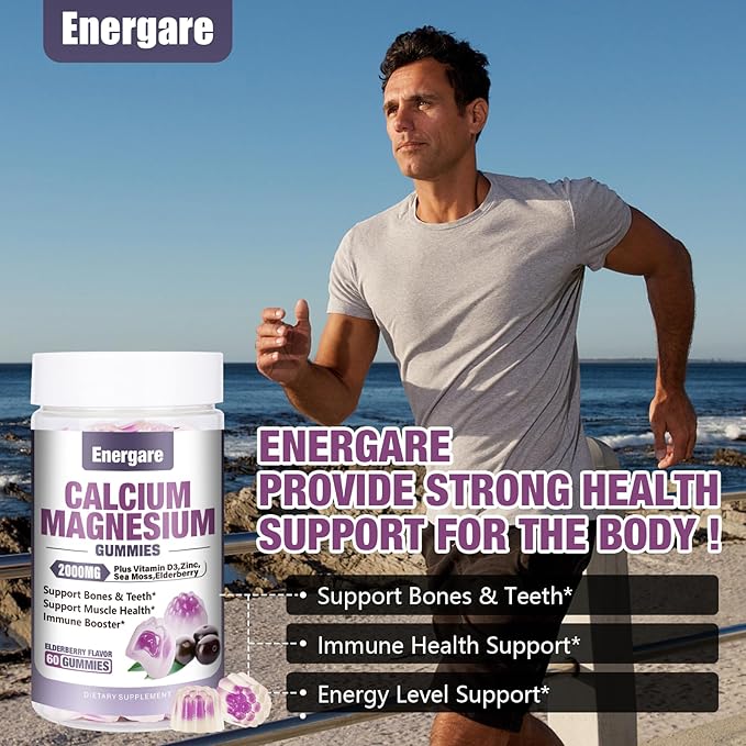 1 Pack Calcium Magnesium Zinc Gummies with Vitamin D3, Sea Moss, Calcium Gummies for Bone, Muscles, Calm Mood Support, Supplements for Kids & Adults, Elderberry Flavor, 60ct