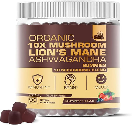 Organic 10X Lion’s Mane Mushroom Gummies for Kids Adults (4350mg) - Gluten Free Daily Supplement Complex Blend with Reishi Turkey Tail Shiitake