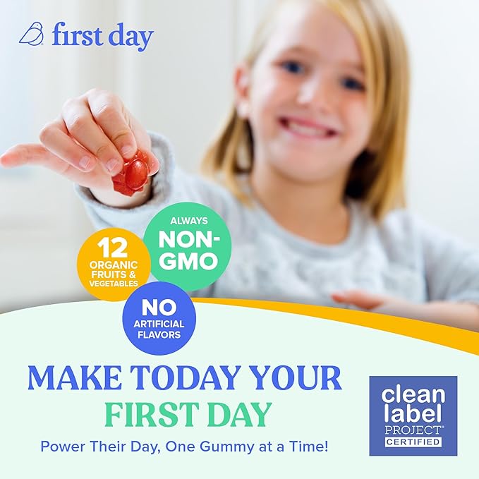 FIRST DAY Toddler Multivitamins Gummies for Kids & Toddlers Ages 2-3, Delicious Strawberry & Orange Toddler Vitamins Multivitamin with Choline, Vitamins A C D3 B1 B2 B6 B12 K2 Folate - 30 Day Supply