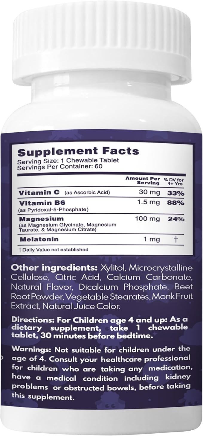VAL Sugar-Free Calm Magnesium for Kids PM Chewable Tablets | Magnesium Glycinate, Citrate & Taurate | Melatonin & Vitamins B6 & C | Bedtime Support | Non-GMO | Blueberry Yogurt Flavor | 60 Count