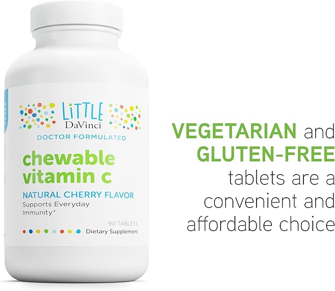DAVINCI Labs Chewable Vitamin C - Kids Vitamin C Supplement to Support The Immune System, Healthy Skin and Overall Wellness - with Pectin, Rose HIPS and More - Cherry Flavor - 90 Chewable Tablets