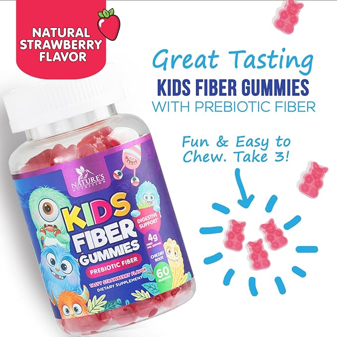 Fiber Gummies for Kids, Daily 4g Gummy Fiber Supplement, Prebiotic Digestive Health Support - Nature's Plant Based Soluble Fiber, Supports Regularity & Digestion for Kids Non-GMO - 60 Gummies