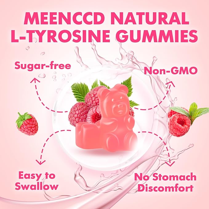 L-Tyrosine Gummies, 1000mg L-Tyrosine Supplement for Kids & Adults, Focus Gummies, Energy & Memory Support, Non-GMO, Sugar-Free, Raspberry Flavor, 60 Count