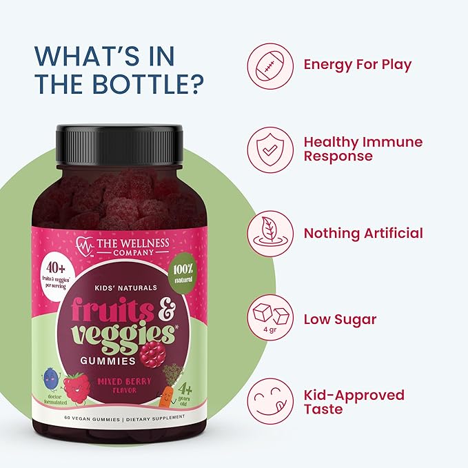 The Wellness Company Kids' Fruit & Veggie Gummy Supplement | 60 Gummies - 1 Month Supply | Delivers Complete Daily Dose of Recommended Fruits and Veggies | Vegan, Non-GMO, Gluten-Free