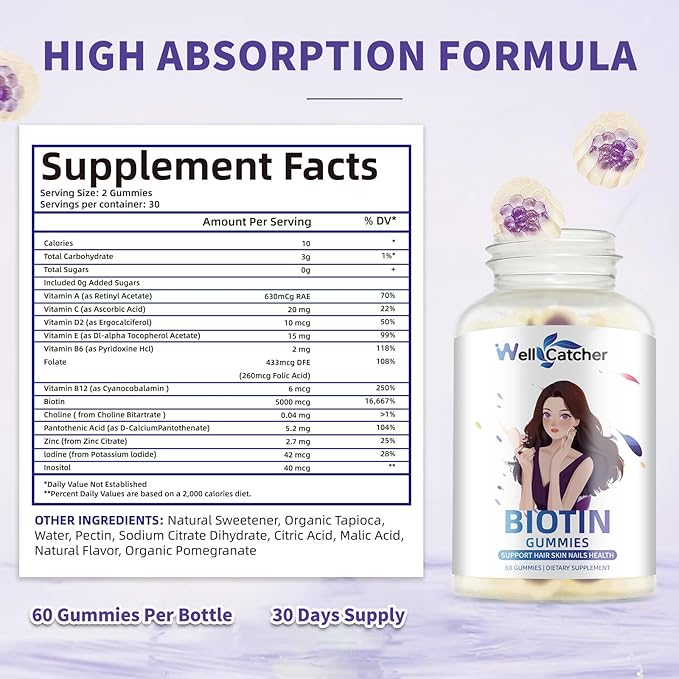 Biotin Gummies for Hair Growth - Biotin Gummies for Strong Hair Nail Skin with Multivitamin Sugar Free Vegan Chewable Hair Growth Gummy for Women Men Kids Blueberry Flavored 30-Day Supply