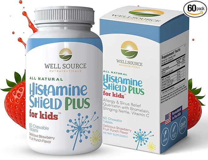 Histamine Shield Plus for Kids™ Natural Antihistamine Supplement, Sinus & Allergy Relief for Pollen, Pet Dander, Dust, Mold, and Odors, 60 Strawberry Fruit Punch Chewable Tablets